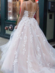 Backless Champagne Lace Wedding Dresses, Open Back Champagne Lace Formal Prom Dresses