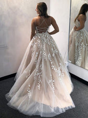Backless Champagne Lace Wedding Dresses, Open Back Champagne Lace Formal Prom Dresses