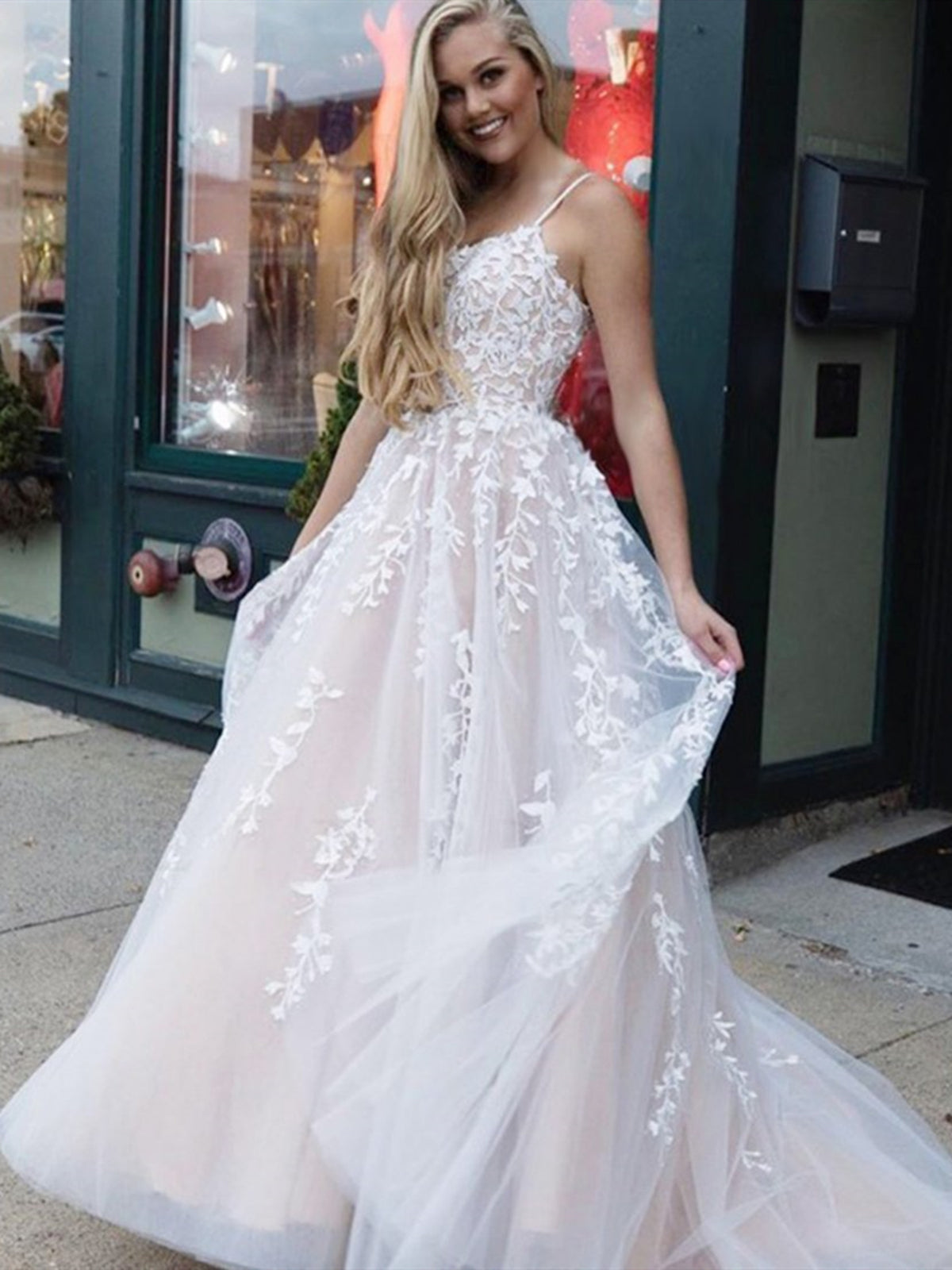 Backless Champagne Lace Wedding Dresses, Open Back Champagne Lace Formal Prom Dresses