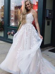 Backless Champagne Lace Wedding Dresses, Open Back Champagne Lace Formal Prom Dresses