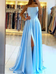 Backless Champagne Pink Blue Long Satin Prom Dresses, Open Back Long Formal Evening Dresses