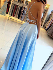 Backless Champagne Pink Blue Long Satin Prom Dresses, Open Back Long Formal Evening Dresses