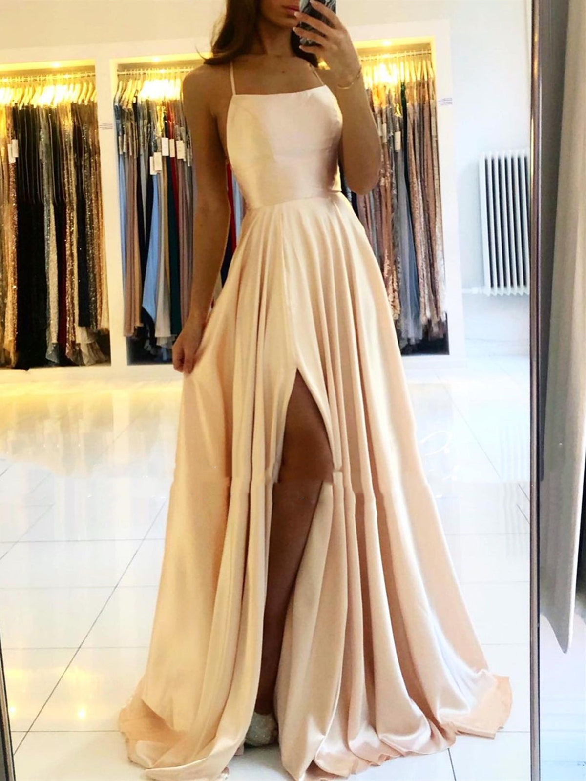 Backless Champagne Pink Blue Long Satin Prom Dresses, Open Back Long Formal Evening Dresses