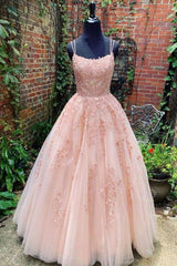 Backless Champagne Pink Long Lace Prom Dresses, Open Back Long Lace Formal Wedding Dresses