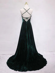 Backless Green Velvet Long Prom Dresses, Dark Green Open Back Long Formal Evening Dresses