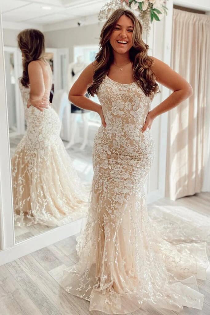 Backless 2024 Lace Long Prom Dress Champagne Square Graduation Dress Mermaid