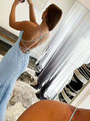 Backless Light Blue Lace Mermaid Prom Dresses, Open Back Light Blue Lace Formal Graduation Dresses