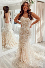 Backless Mermaid Champagne Lace Long Prom Dresses, Champagne Lace Formal Graduation Evening Dresses