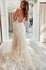 Backless Mermaid Champagne Lace Long Prom Dresses, Champagne Lace Formal Graduation Evening Dresses