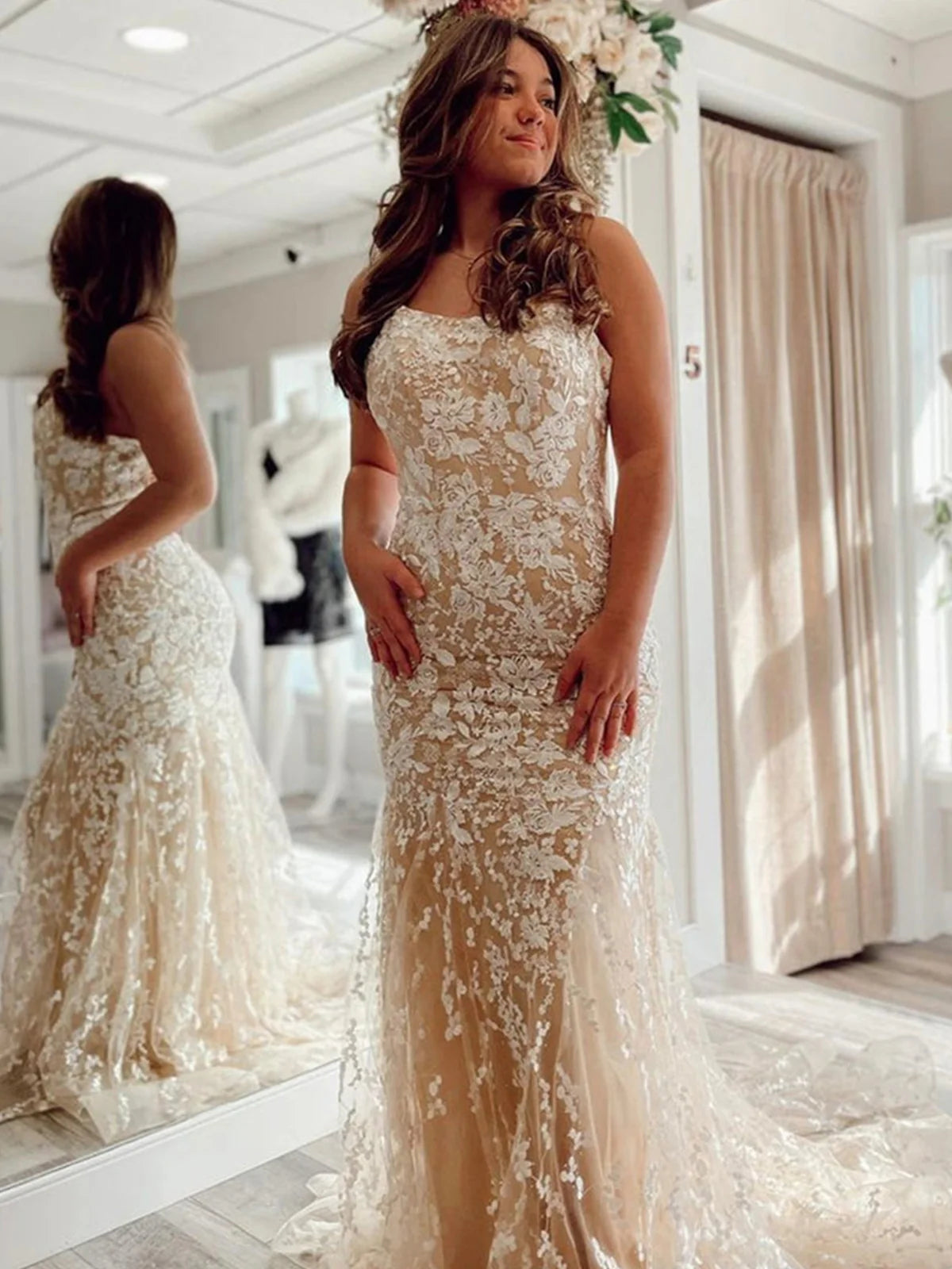 Backless Mermaid Champagne Lace Long Prom Dresses, Champagne Lace Formal Graduation Evening Dresses