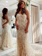 Backless Mermaid Champagne Lace Long Prom Dresses, Champagne Lace Formal Graduation Evening Dresses
