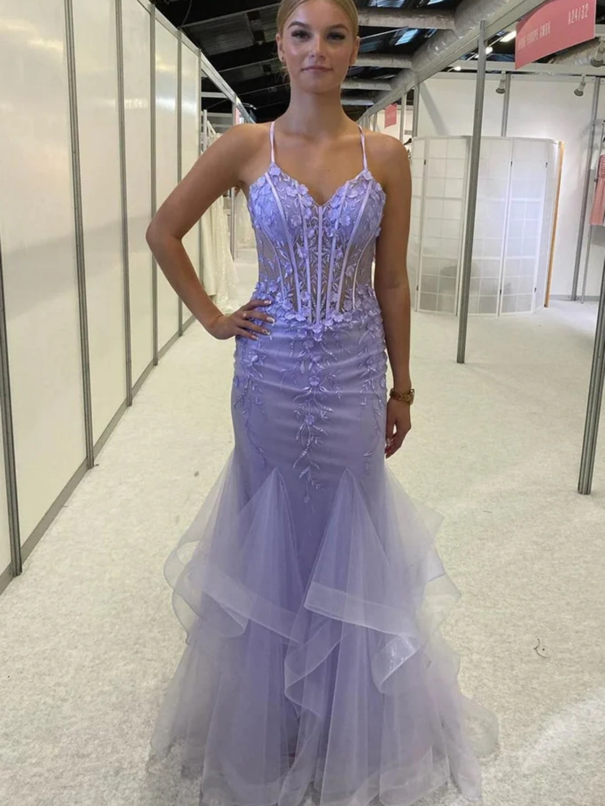 Backless Mermaid Lilac Lace Long Prom Dresses with 3D Flowers, Lilac Lace Formal Dresses, Lilac Floral Evening Dresses