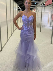 Backless Mermaid Lilac Lace Long Prom Dresses with 3D Flowers, Lilac Lace Formal Dresses, Lilac Floral Evening Dresses