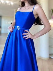 Backless Royal Blue Satin Long Prom Dresses, Open Back Royal Blue Long Formal Evening Dresses