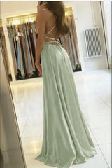 Backless Sage Long Prom Dresses, Open Back Sage Long Formal Graduation Dresses
