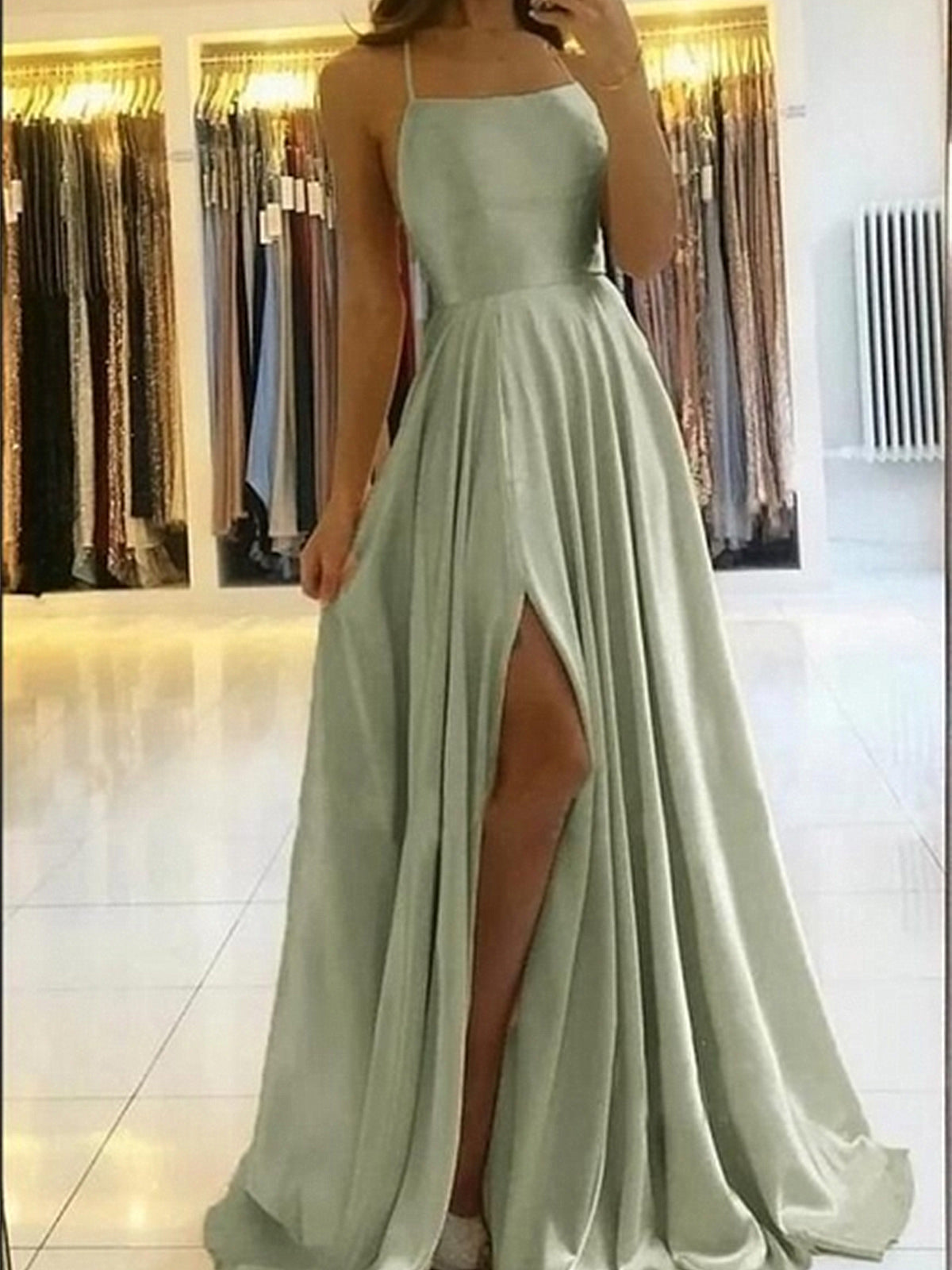 Backless Sage Long Prom Dresses, Open Back Sage Long Formal Graduation Dresses