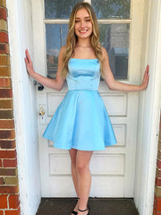 Backless Short Blue Prom Dresses, Open Back Short Blue Formal Homecoming Dresses