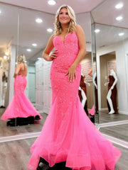 Backless V Neck Mermaid Pink Lace Long Prom Dresses, Mermaid Pink Formal Dresses, Pink Lace Evening Dresses