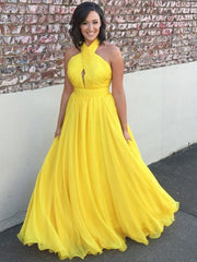 Backless Yellow Chiffon Long Prom Dresses, Open Back Yellow Formal Bridesmaid Dresses
