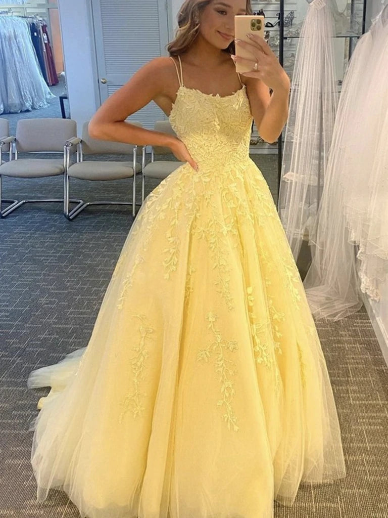A Line Yellow Lace Prom Dresses 2024 Sleeveless Formal Evening Dresses