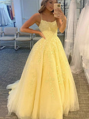 A Line Yellow Lace Prom Dresses 2024 Sleeveless Formal Evening Dresses
