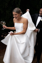 Backless Simple A Line Strapless Long Wedding Dress with Train