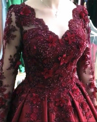 Ball Gown Prom Dresses Long Sleeves Lace Flowers Beaded