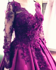 Ball Gown Prom Dresses Long Sleeves Lace Flowers Beaded