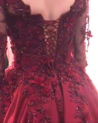 Ball Gown Prom Dresses Long Sleeves Lace Flowers Beaded