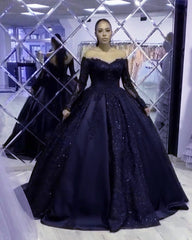 Ball Gown Satin Appliques Dresses Lace Long Sleeves