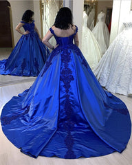 Ball Gown Satin Dresses Off Shoulder Appliques V Neck