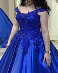 Ball Gown Satin Dresses Off Shoulder Appliques V Neck