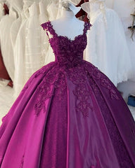 Ball Gown Satin Dresses Sweetheart Spaghetti Straps Lace Embroidery