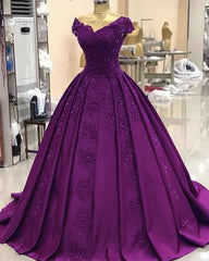 Ball Gown Satin Prom Dresses Lace V Neck