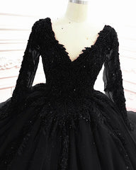 Ball Gown Wedding Dress Long Sleeves Lace Beaded V Neck