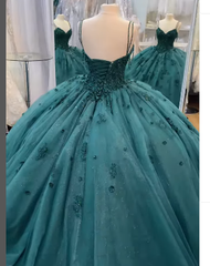 Ball Gown Beaded Green 2024 Quinceanera Dress Spaghetti Straps Graduation Dresses