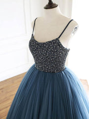 Ball Gown Deep Blue Tulle Prom Dress Evening Dress With Beading TP1179