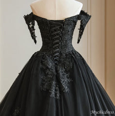 Ball Gown Lace Black Wedding Dress Beaded with Cold Shoulder