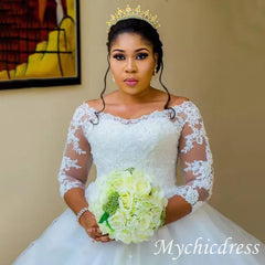African Ball Gown Long Sleeves Plus Size Lace Wedding Dresses Jewel