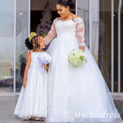 African Ball Gown Long Sleeves Plus Size Lace Wedding Dresses Jewel