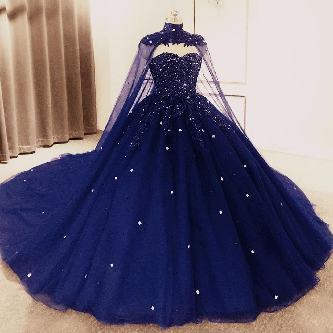 Ball Gown 2024 Navy Blue Tulle Lace Crystals Quinceanera Dresses With Cape