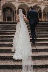 A-line Off the Shoulder Lace Tulle Ball Gown Wedding Dresses with Appliques
