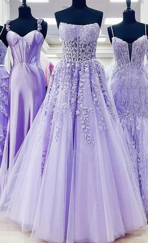 Ball Gown Strapless Purple Violet Prom Dress Lace Long Formal Gown