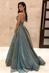 Ball Gown V Neck Sparkly Satin Cross Back Long Prom Dresses With Pockets TP0969