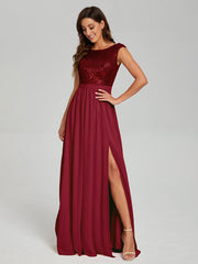 A-Line Round Neck Sequins Prom Dresses With Split