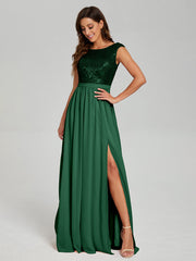 A-Line Round Neck Sequins Prom Dresses With Split