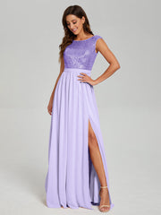 A-Line Round Neck Sequins Prom Dresses With Split