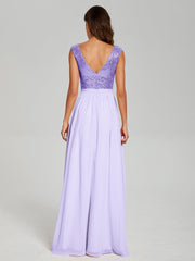 A-Line Round Neck Sequins Prom Dresses With Split