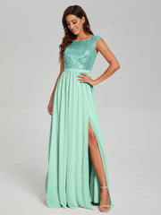 A-Line Round Neck Sequins Prom Dresses With Split