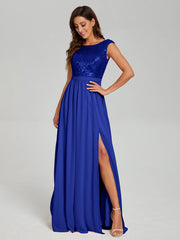 A-Line Round Neck Sequins Prom Dresses With Split